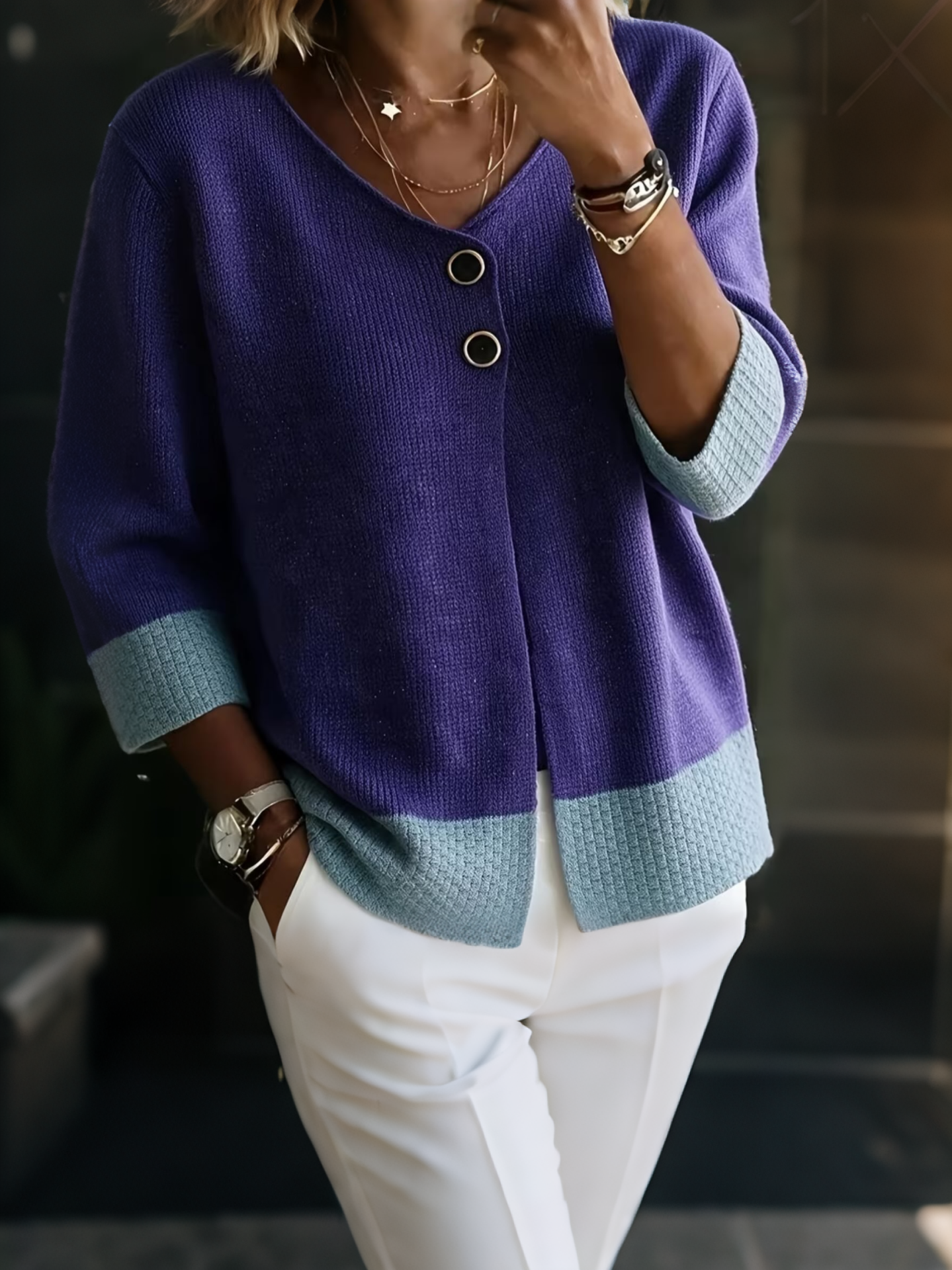 Women Elegant Contrast Trim Knit Cardigan