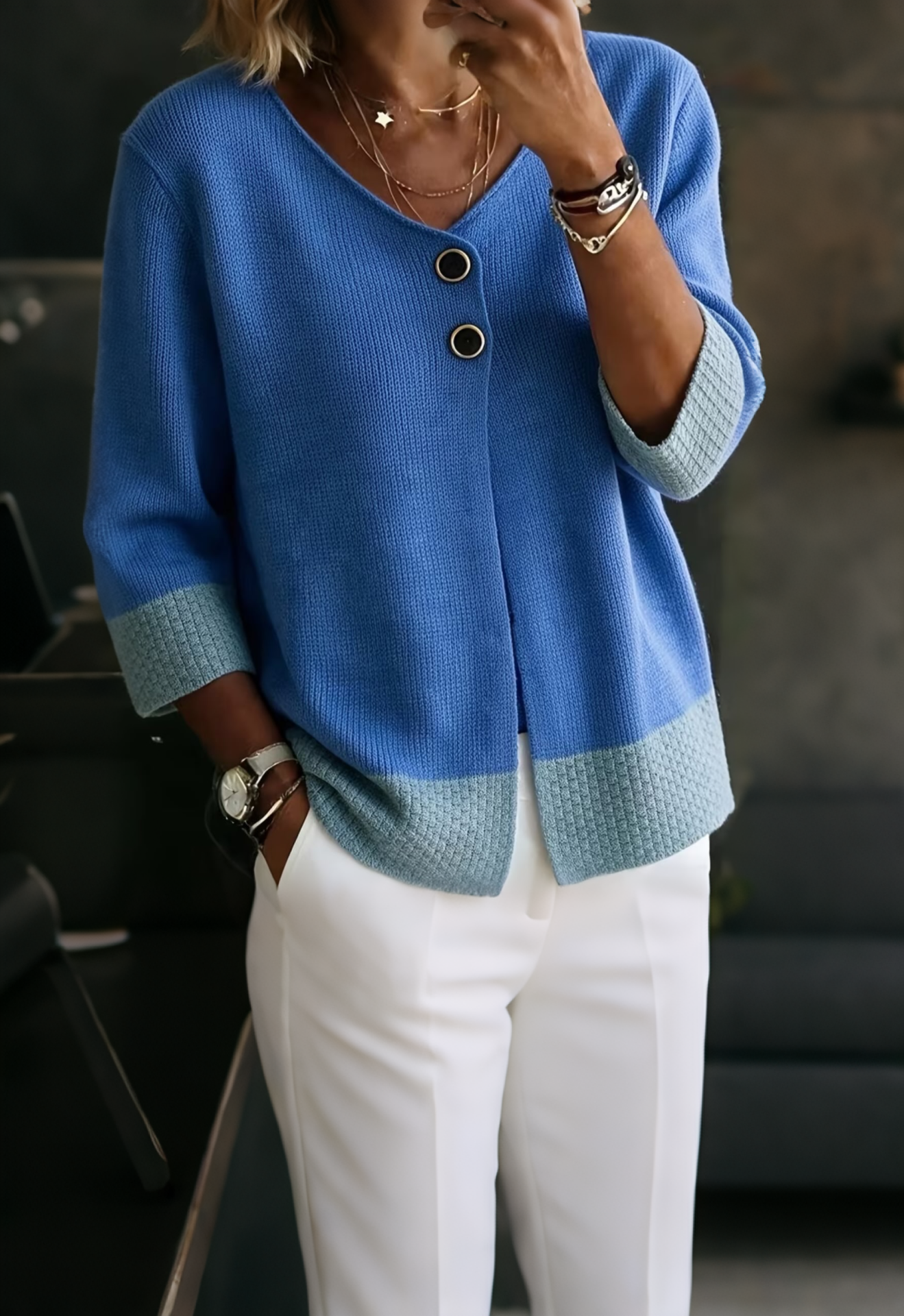 Women Elegant Contrast Trim Knit Cardigan