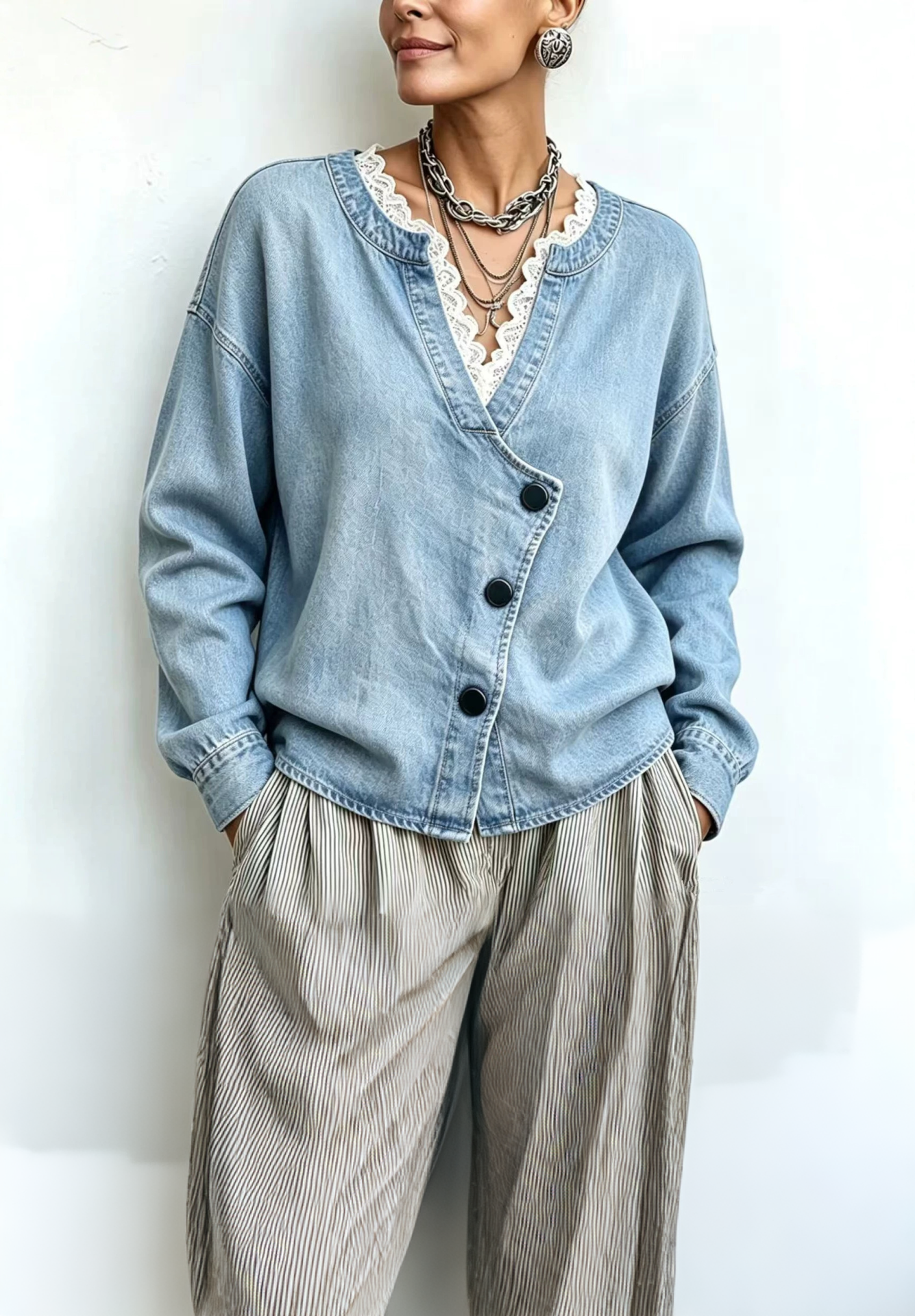 Women Lace-Trimmed Denim Button-Up Jacket