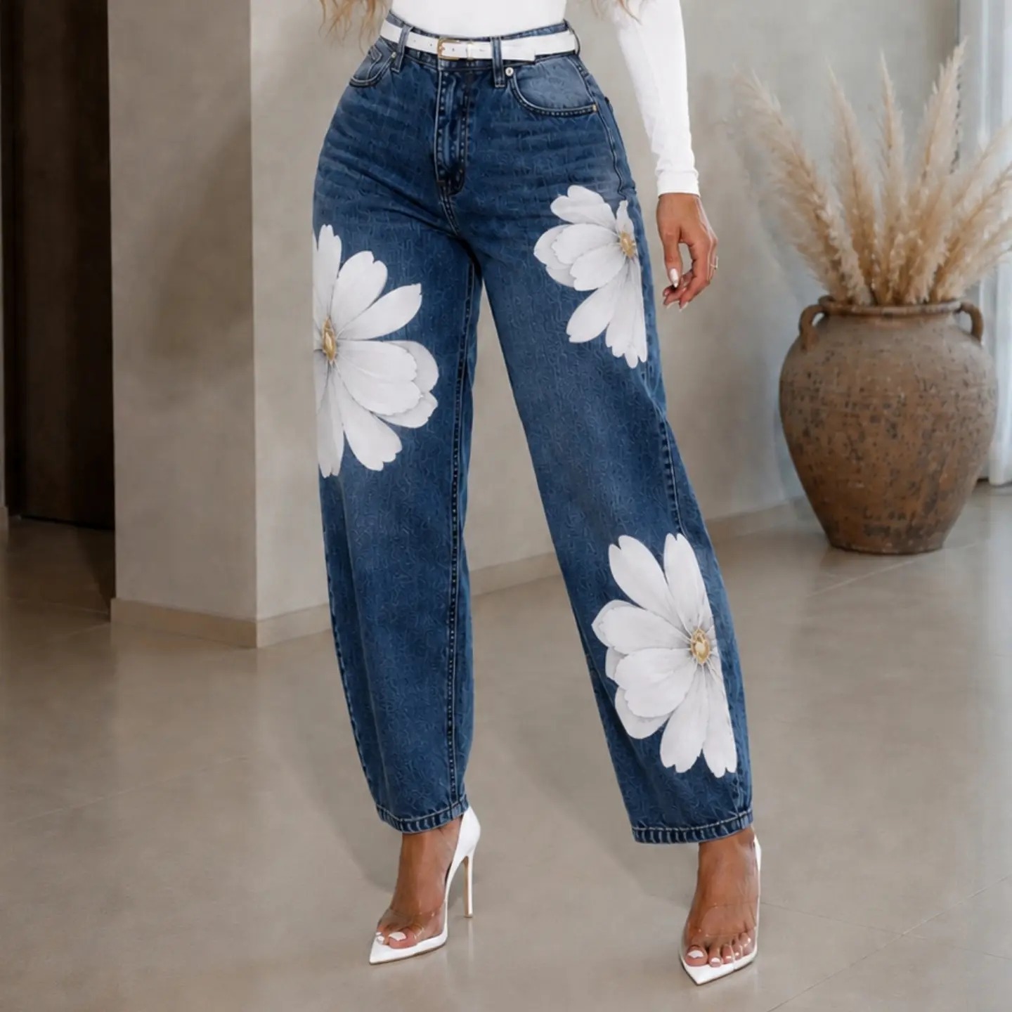Women Floral Print Wide-Leg Denim Jeans