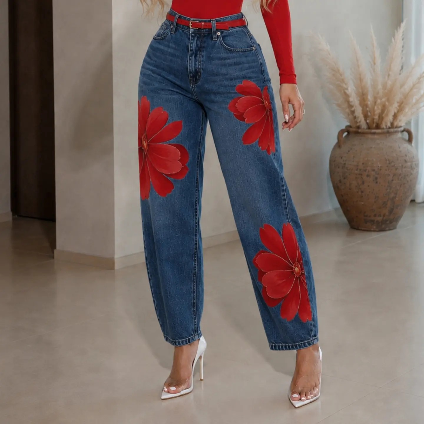 Women Floral Print Wide-Leg Denim Jeans