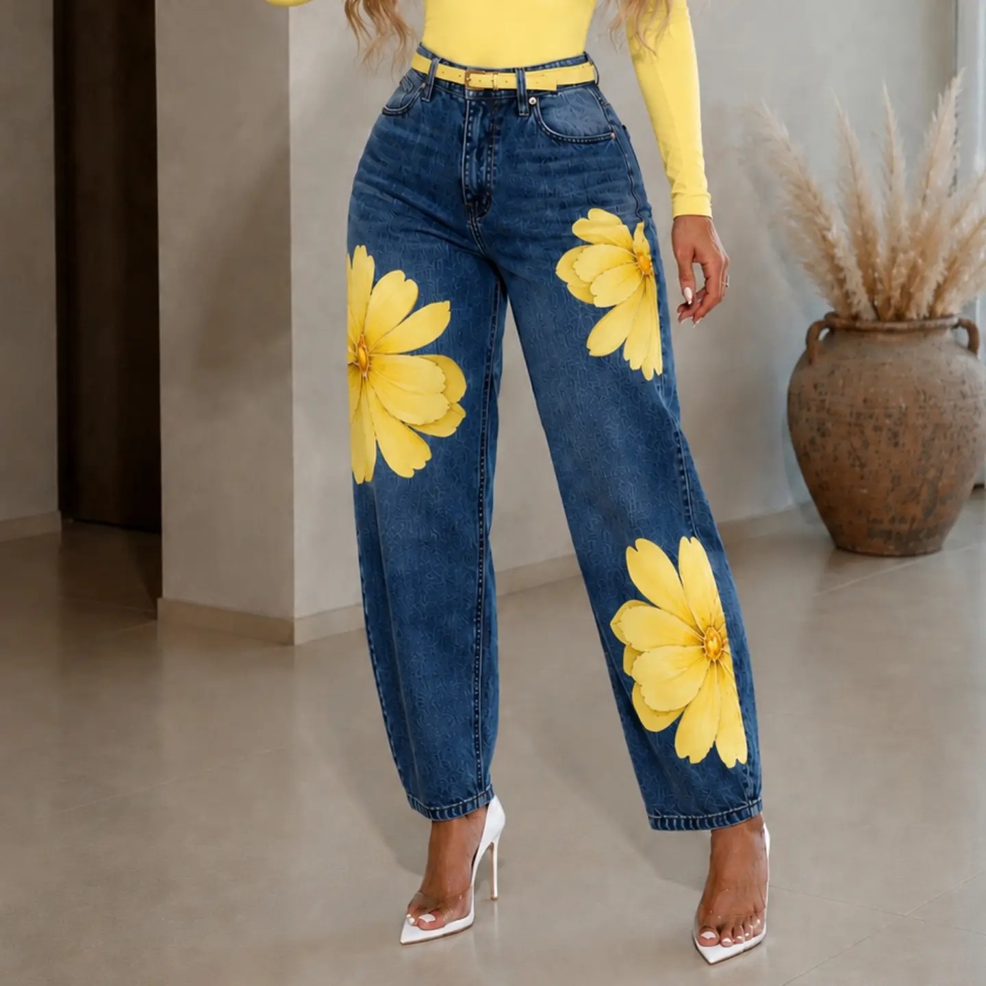 Women Floral Print Wide-Leg Denim Jeans