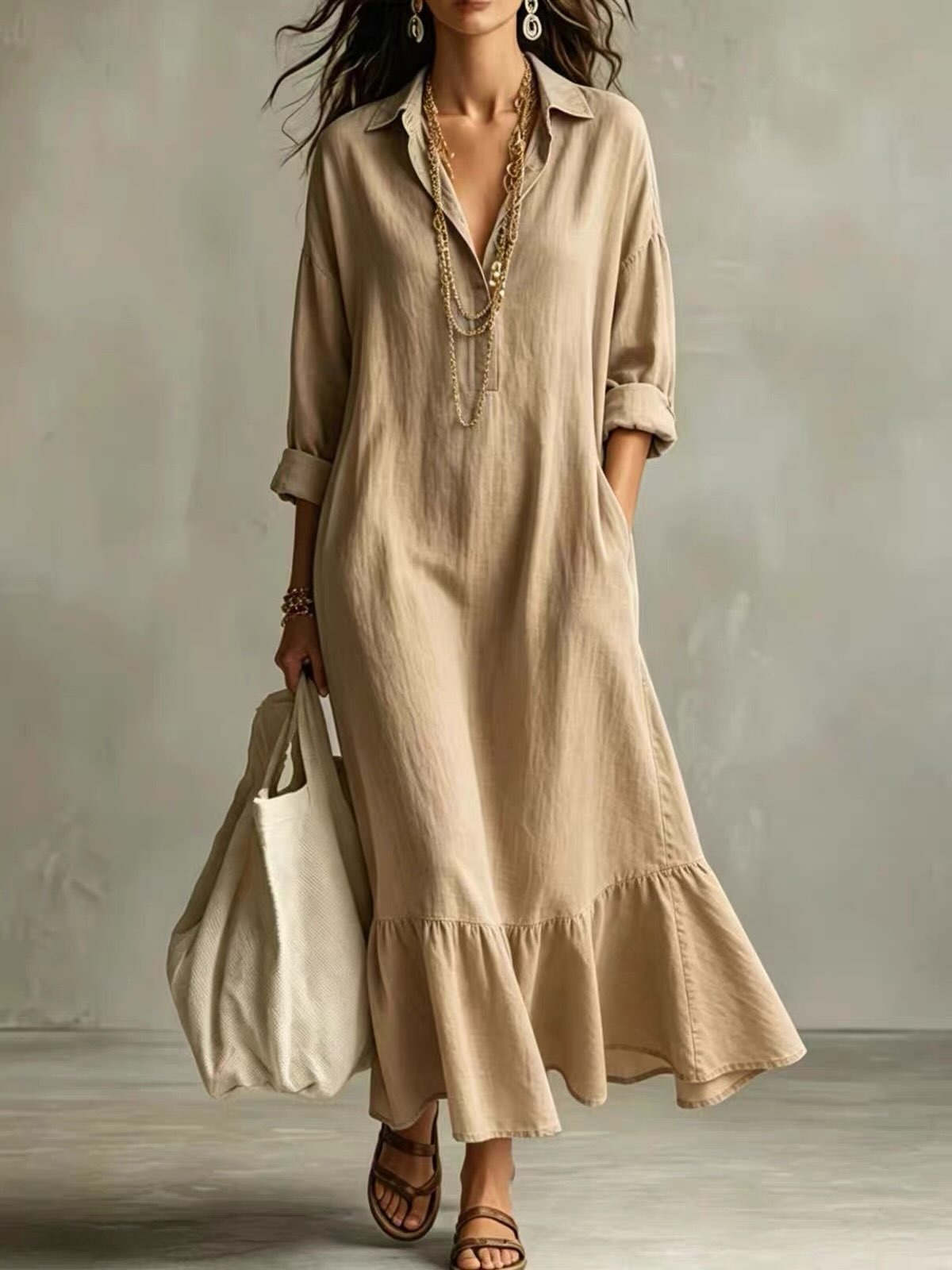 Solid Collared V-Neck Ruffle Hem Midi Dress