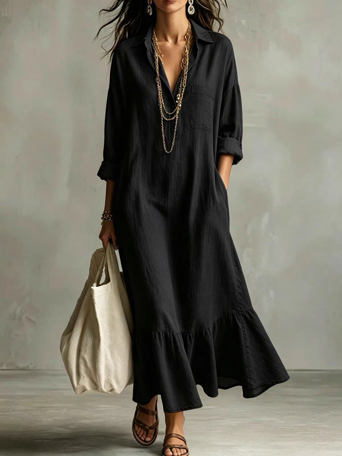 Solid Collared V-Neck Ruffle Hem Midi Dress