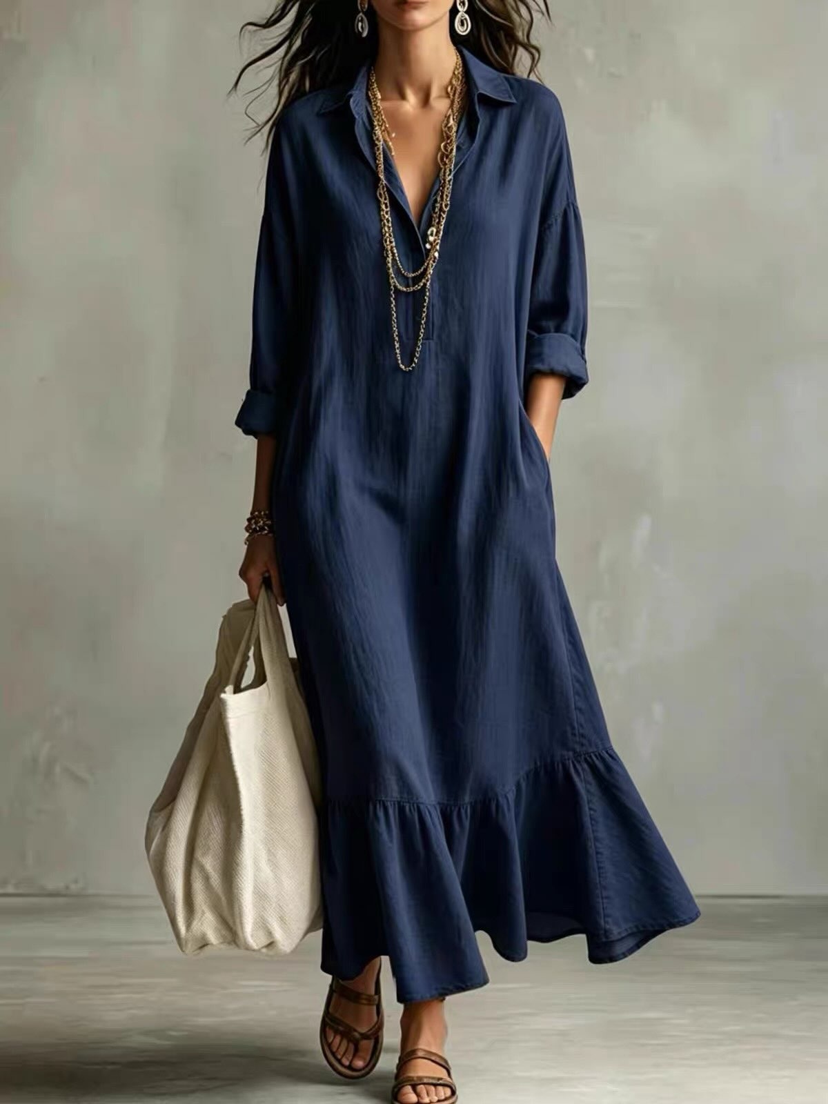 Solid Collared V-Neck Ruffle Hem Midi Dress