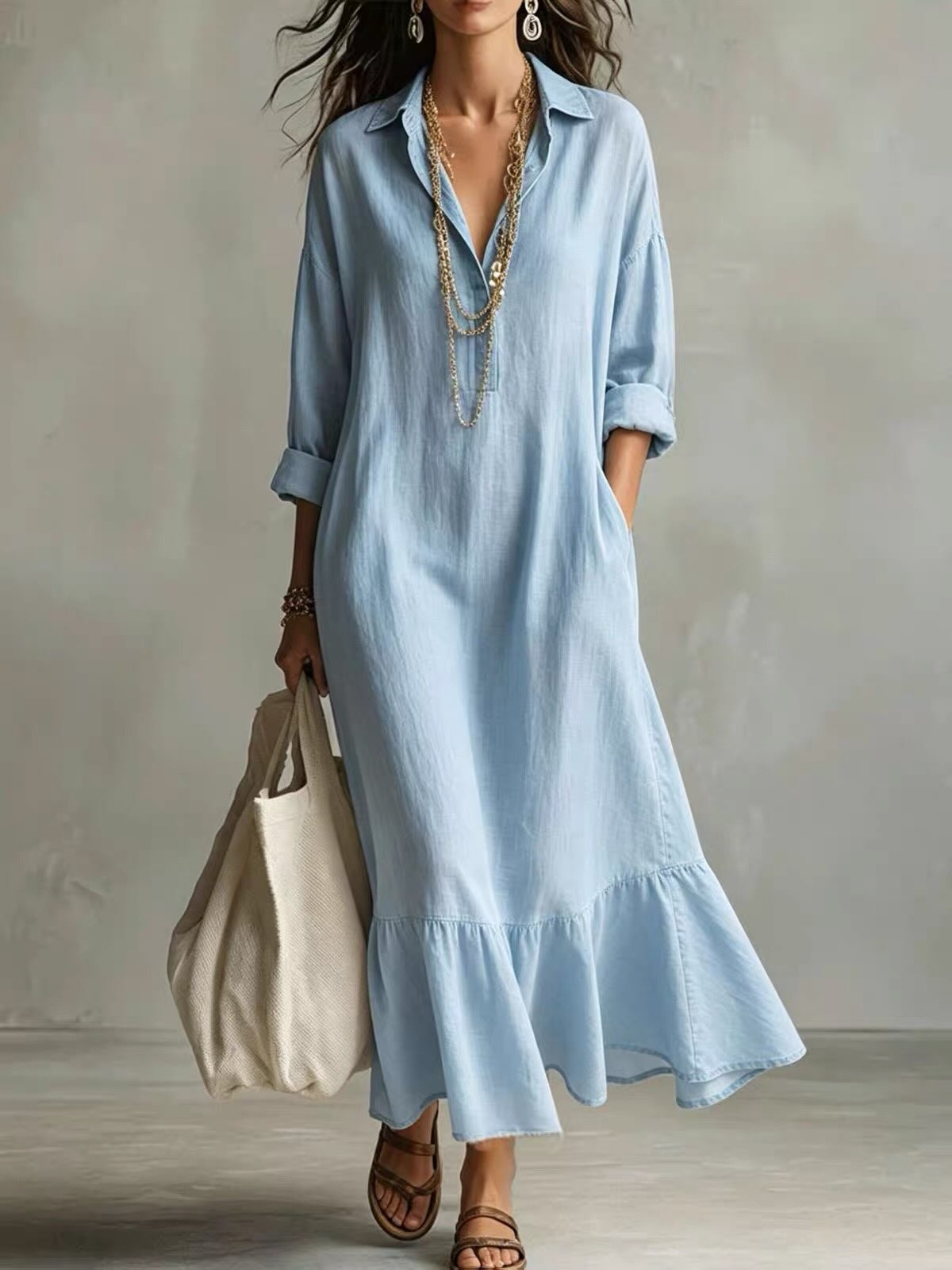 Solid Collared V-Neck Ruffle Hem Midi Dress