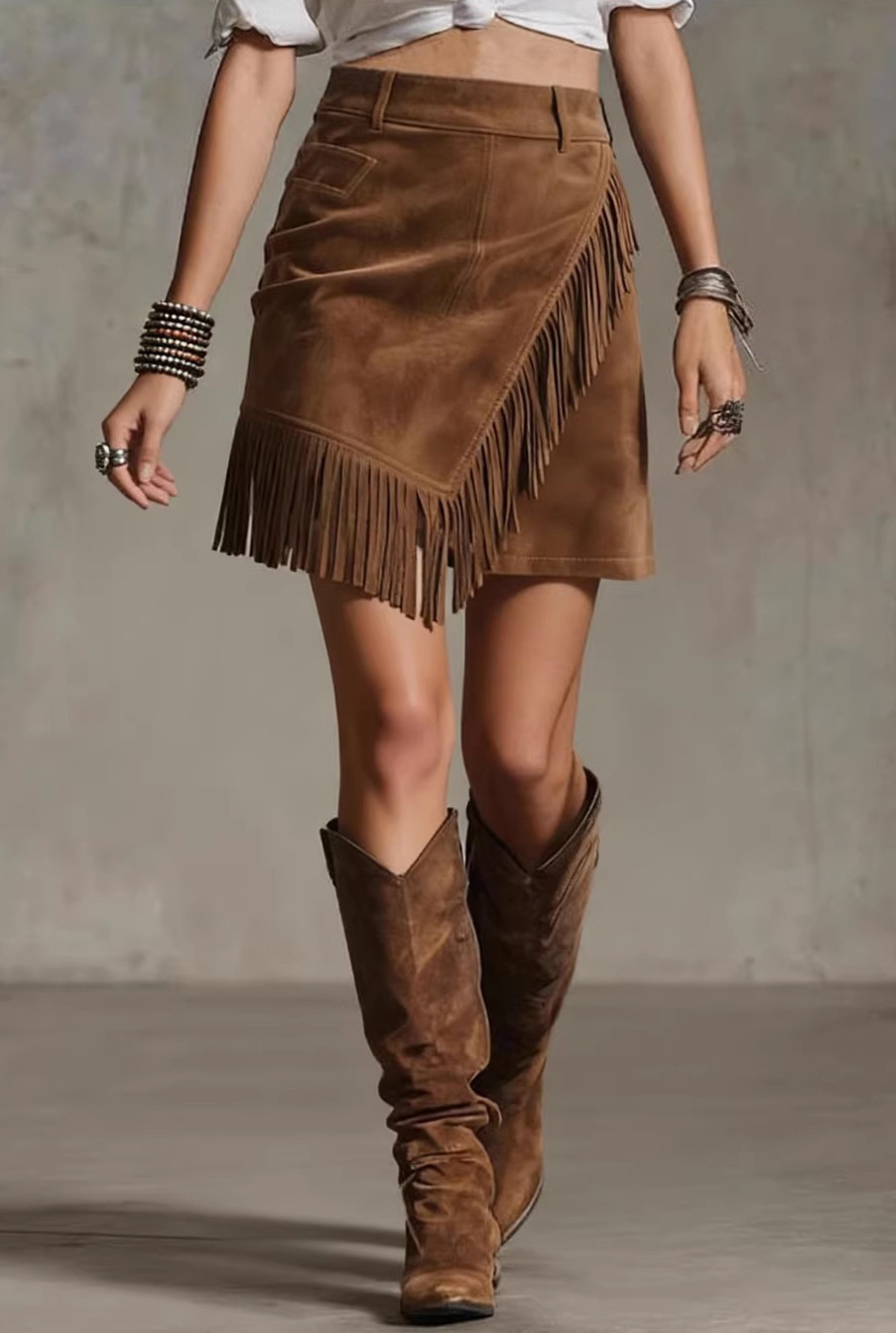 Women Suede Fringe Wrap Mini Skirt
