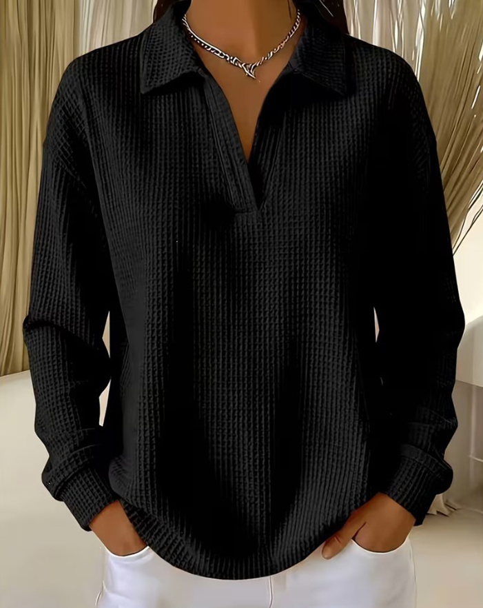 Women's Waffle Knit Long Sleeve Polo Shirt