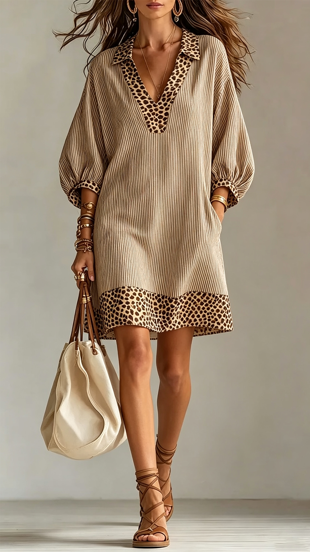 Leopard Contrast Striped Collared Puff Sleeve Mini Dress