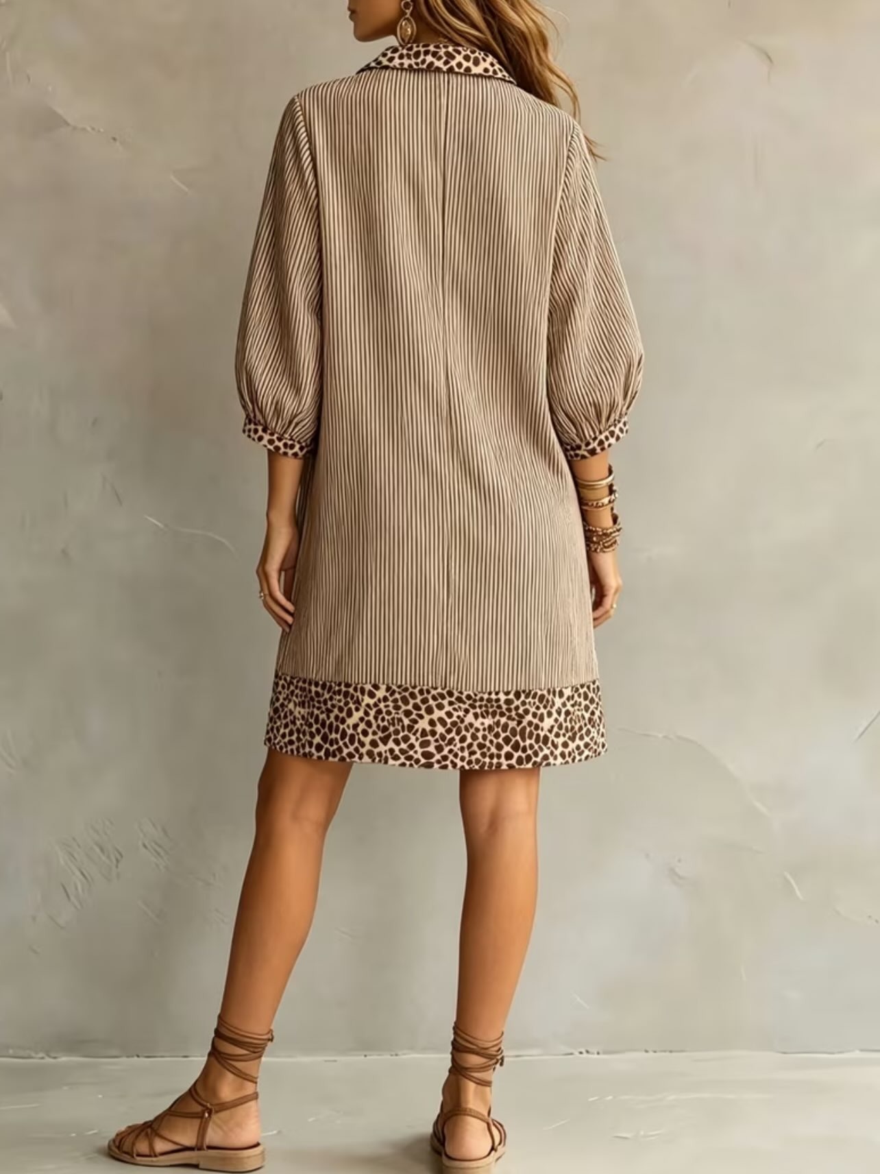 Leopard Contrast Striped Collared Puff Sleeve Mini Dress