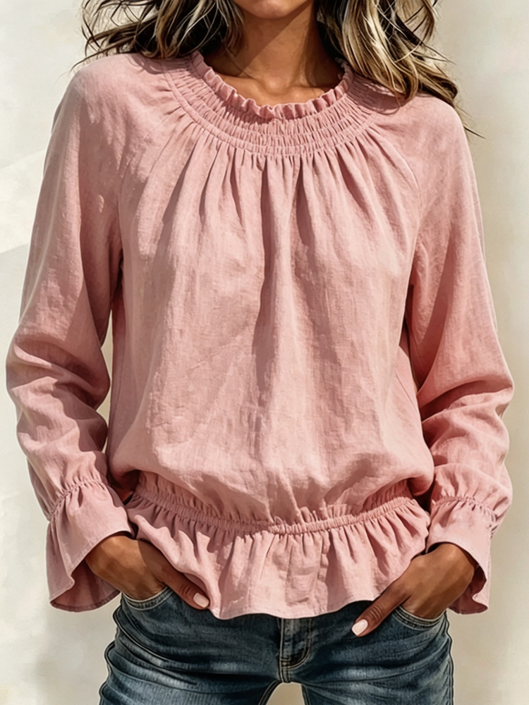 Ruffled Smocked Neck Elastic Hem Long Sleeve Blouse