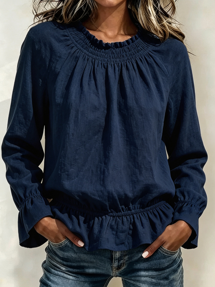 Ruffled Smocked Neck Elastic Hem Long Sleeve Blouse