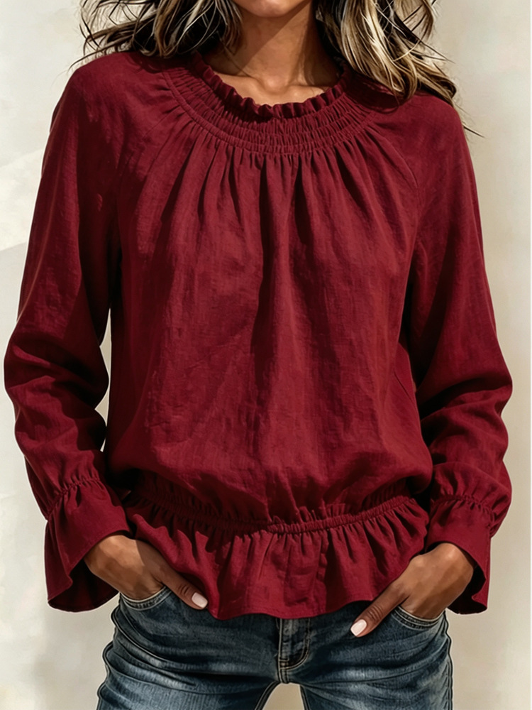 Ruffled Smocked Neck Elastic Hem Long Sleeve Blouse