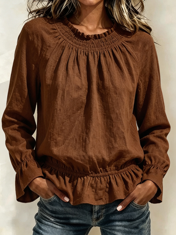 Ruffled Smocked Neck Elastic Hem Long Sleeve Blouse