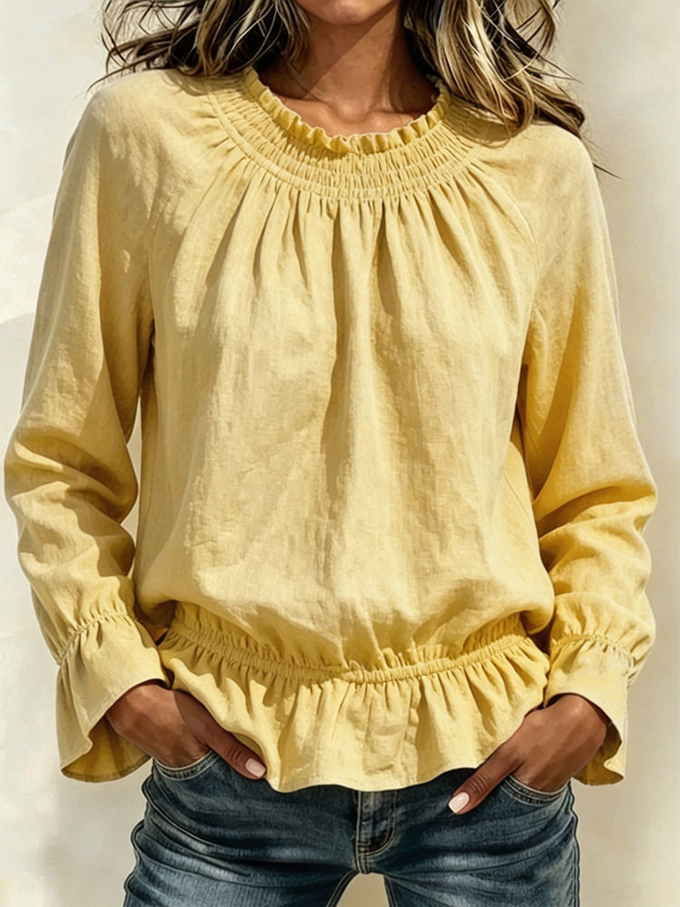 Ruffled Smocked Neck Elastic Hem Long Sleeve Blouse