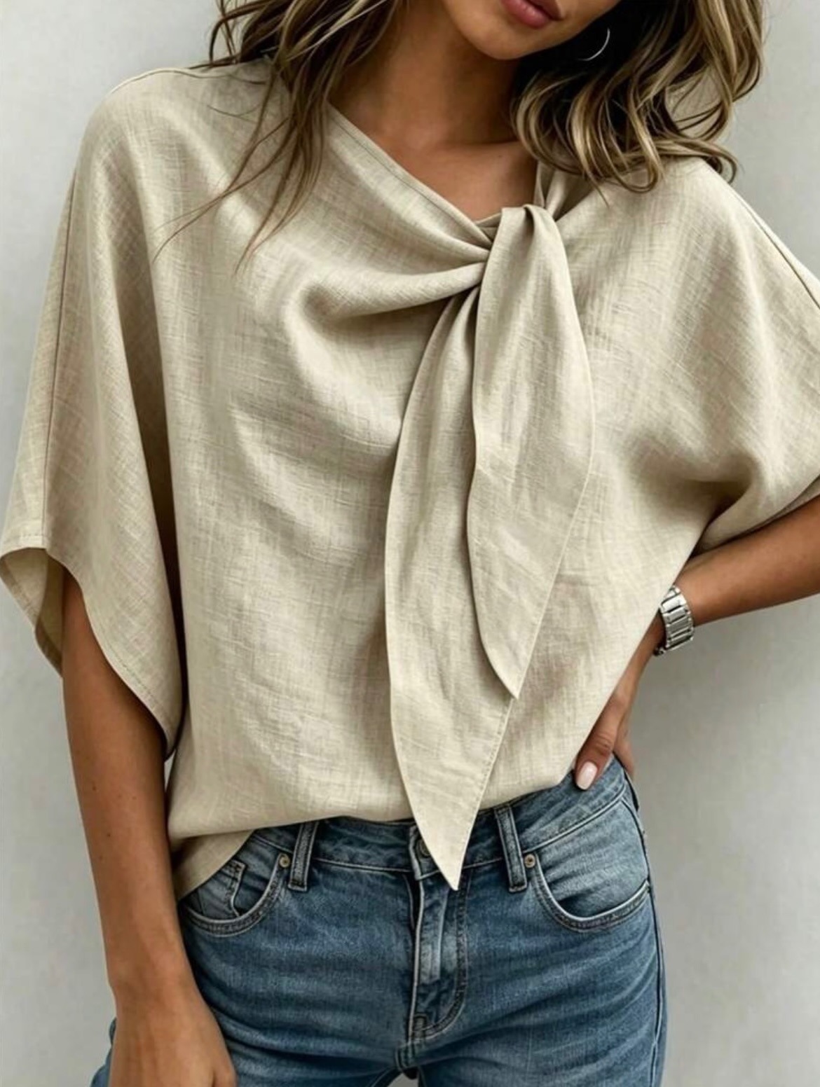French Bow Tie V-Neck Loose Fit Short Sleeve Linen Blouse