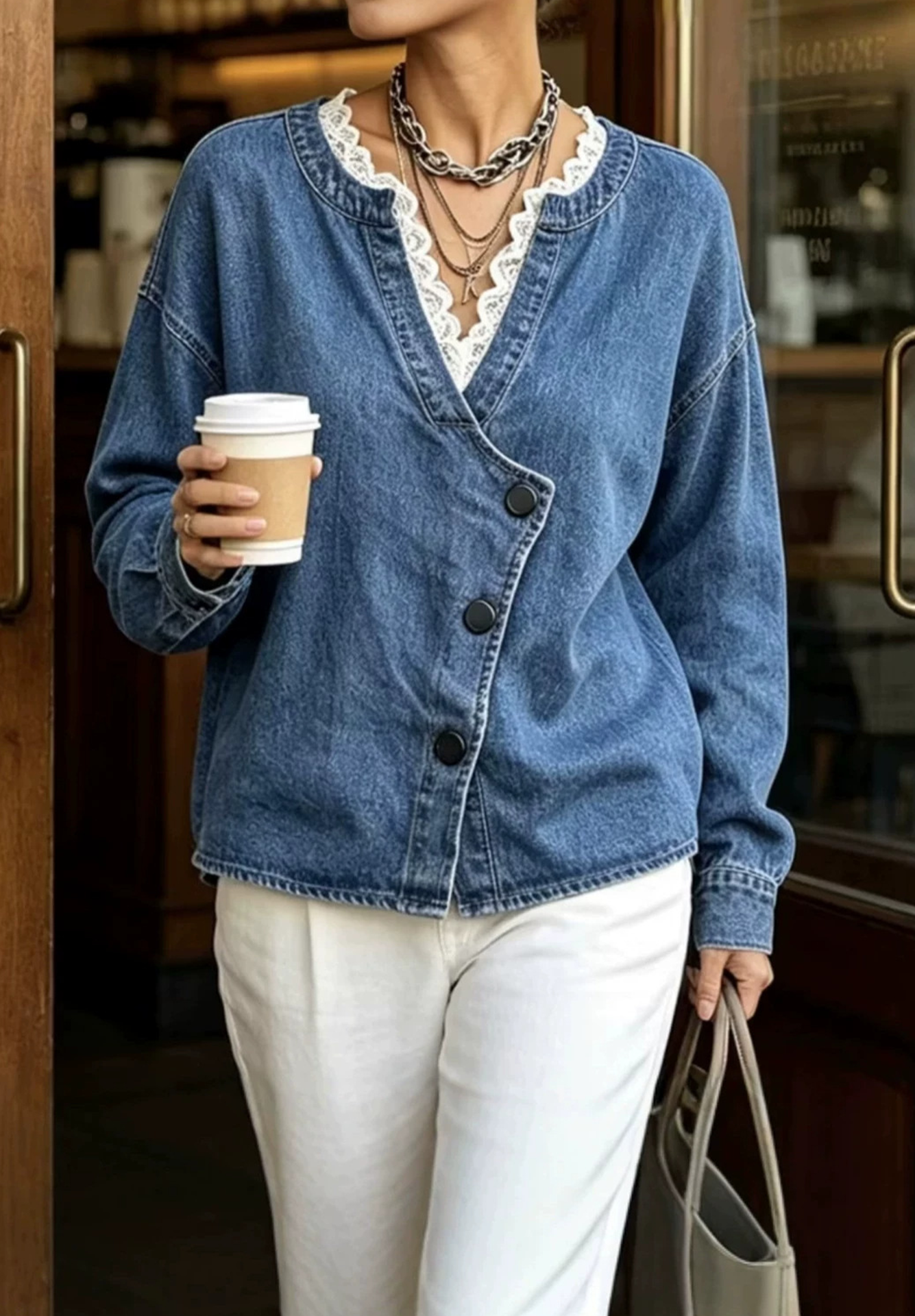 Women Lace-Trimmed Denim Button-Up Jacket