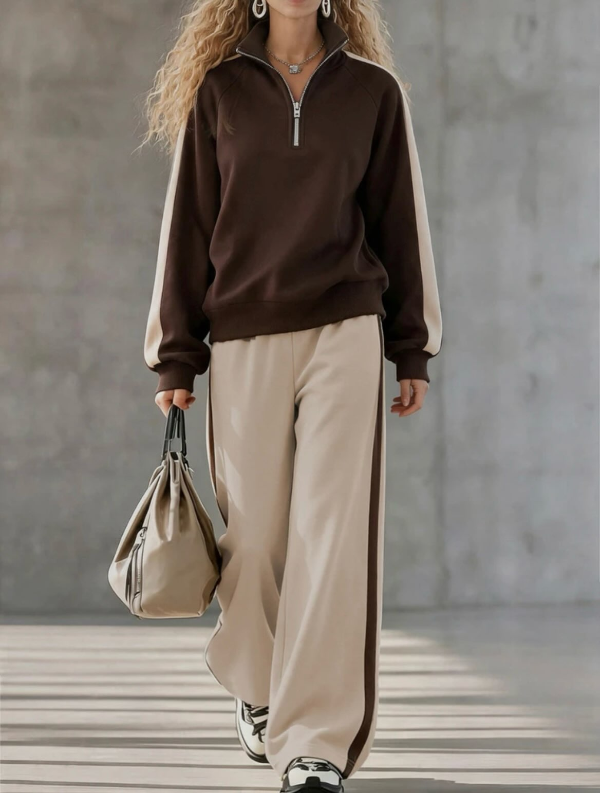 Women Contrast Stripe Half-Zip Two-Piece Set