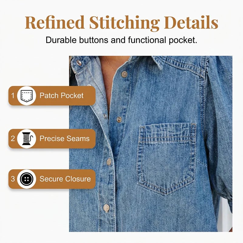 Women's Puff Sleeve Denim Button-Down Blouse