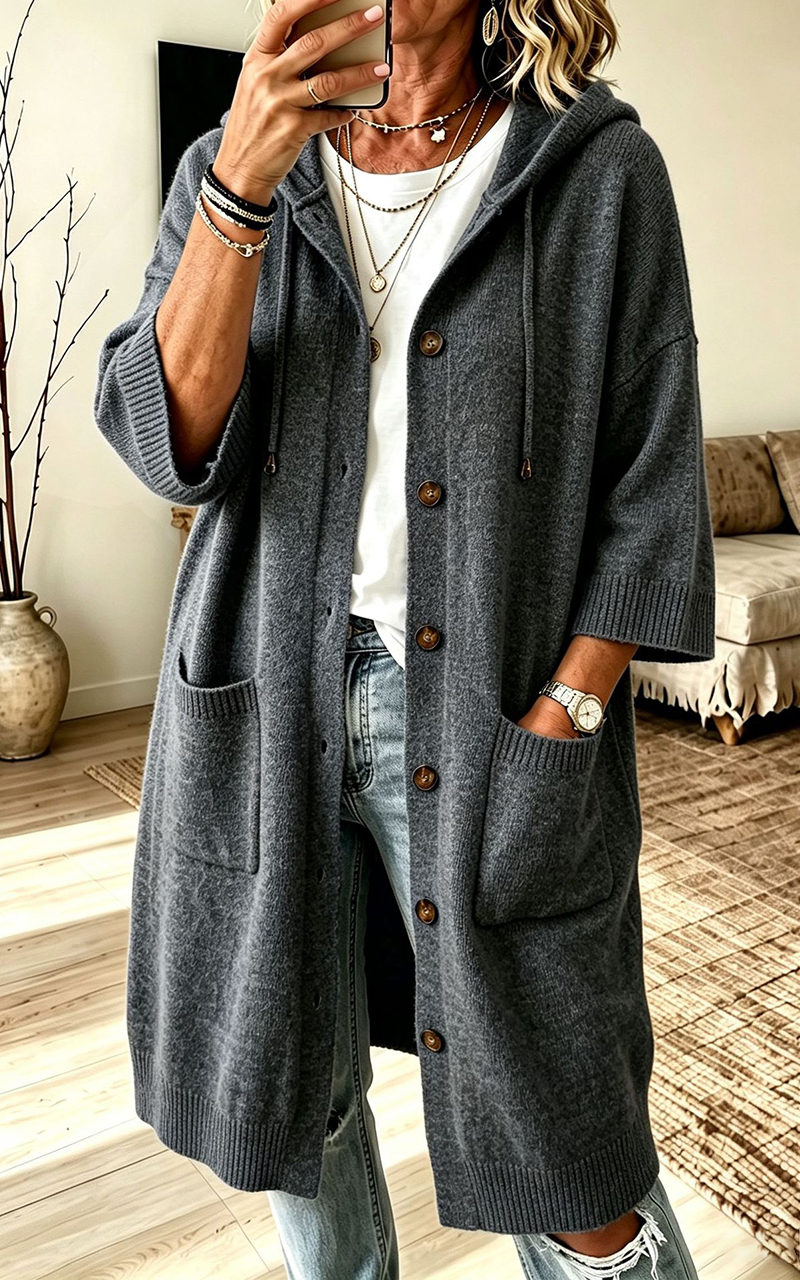Women Hooded Knit Long Cardigan