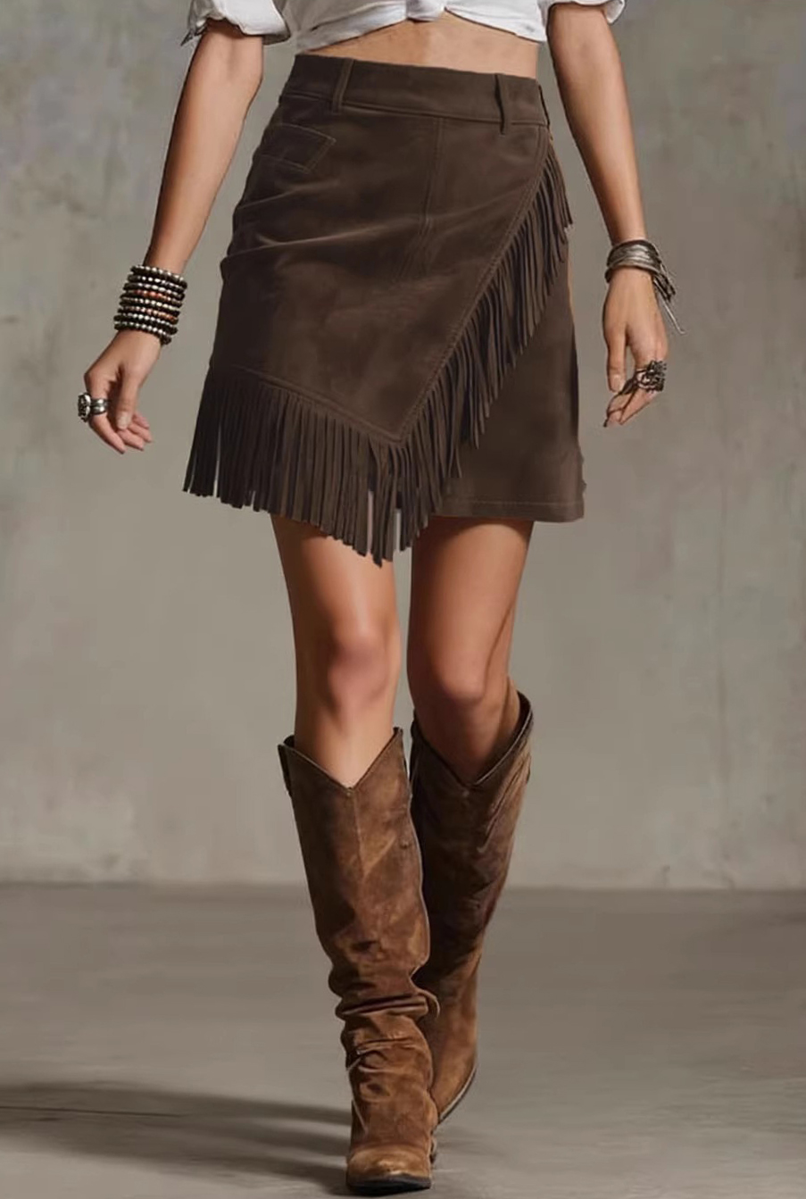 Women Suede Fringe Wrap Mini Skirt