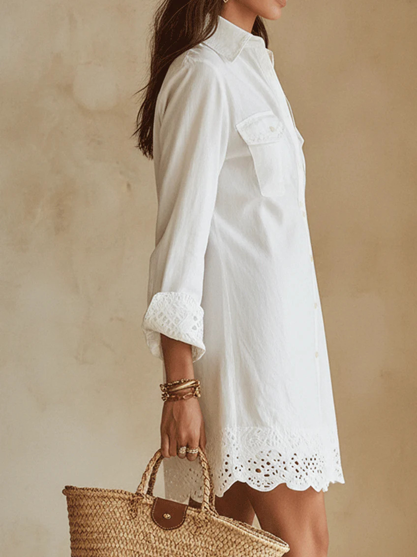 Women Lace Trim Button-Down Shirt Dress