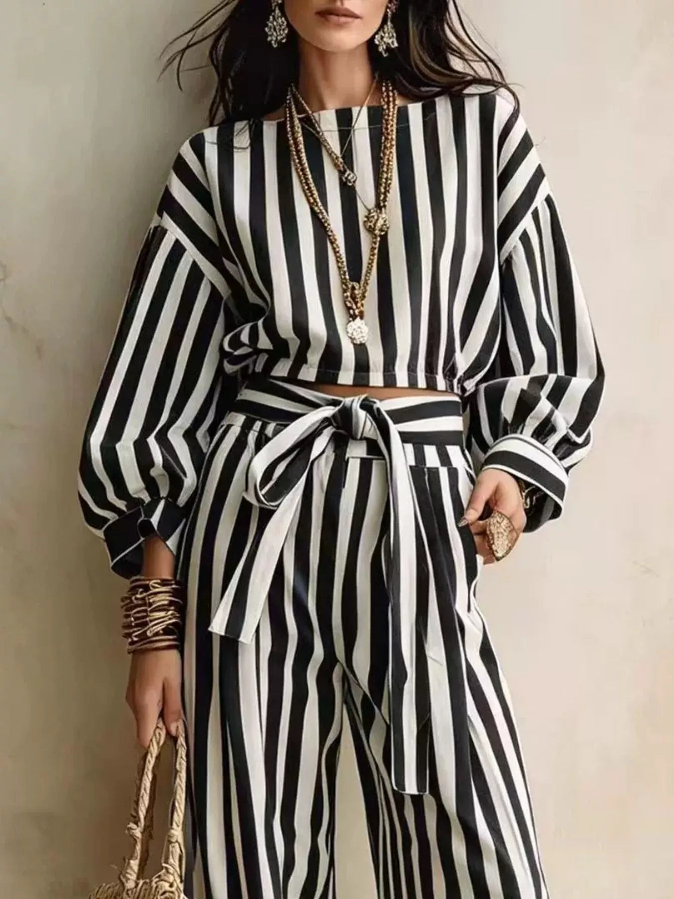 Striped Long Sleeve Top and Pants Two-Piece Set