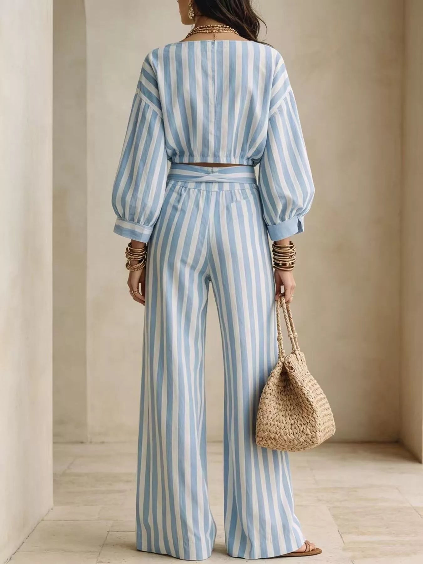 Striped Long Sleeve Top and Pants Two-Piece Set
