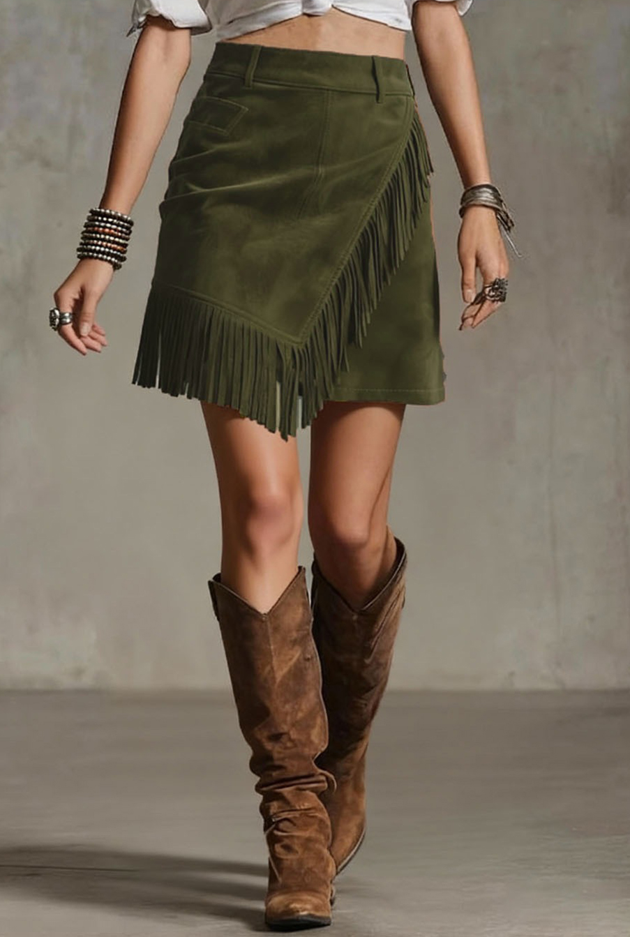 Women Suede Fringe Wrap Mini Skirt