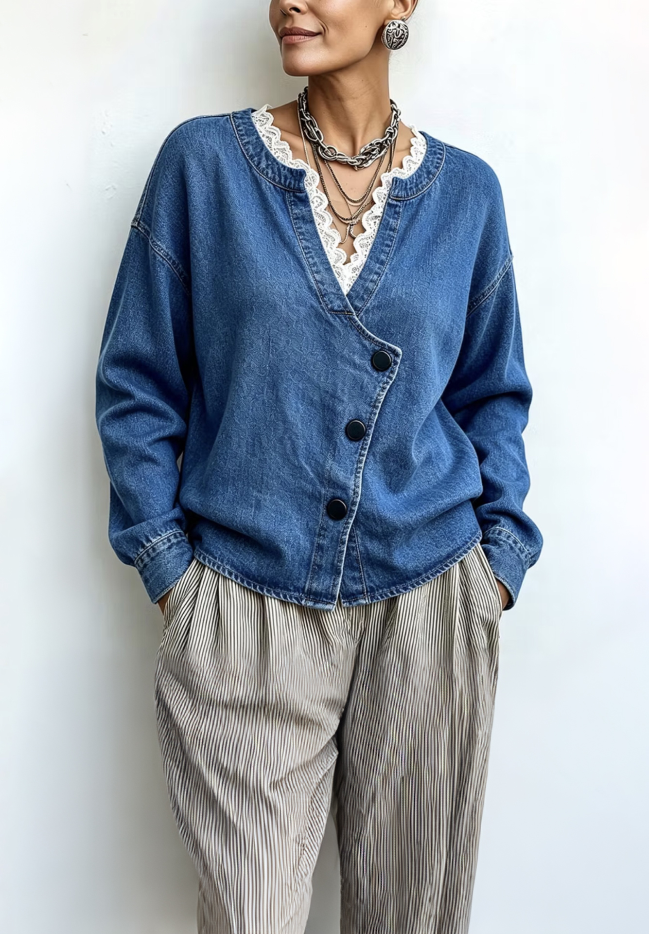 Women Lace-Trimmed Denim Button-Up Jacket