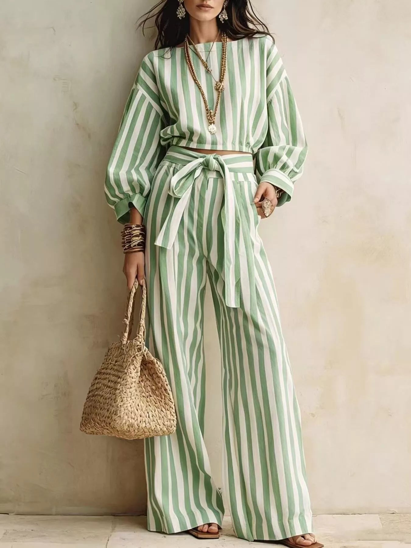 Striped Long Sleeve Top and Pants Two-Piece Set