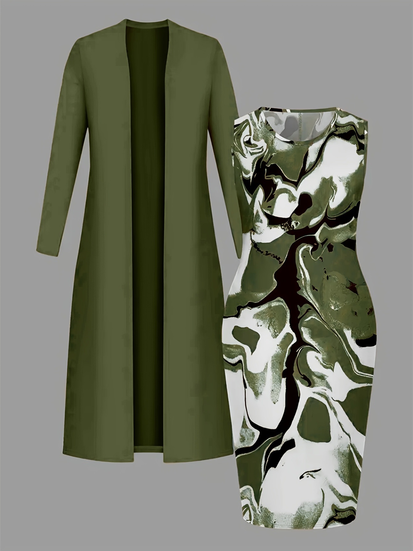 Women Olive Green Cardigan & Floral Midi Dress Set