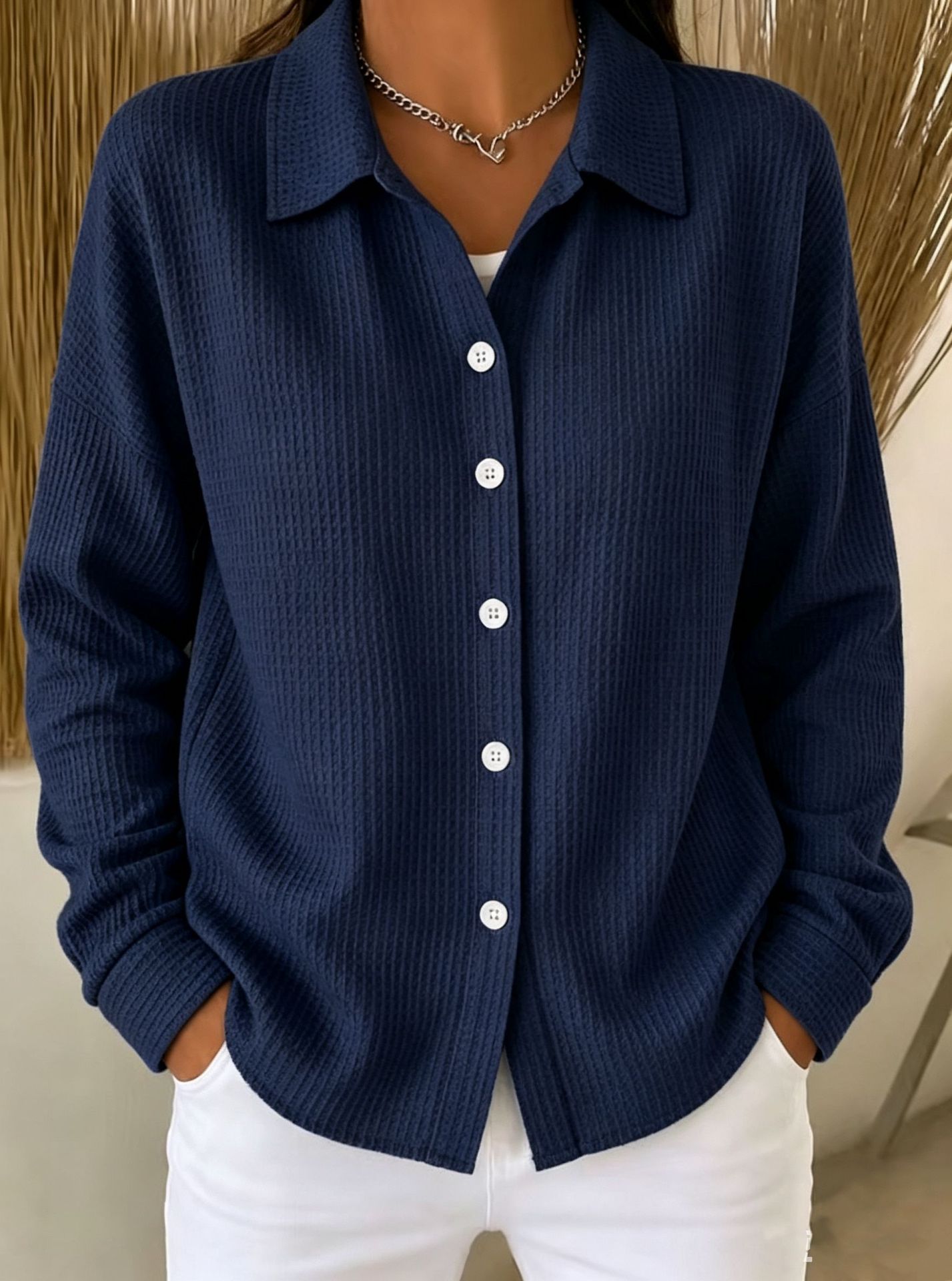 💙 Women’s Waffle Knit Shirt Collared Button-Down Long Sleeve Loose Top
