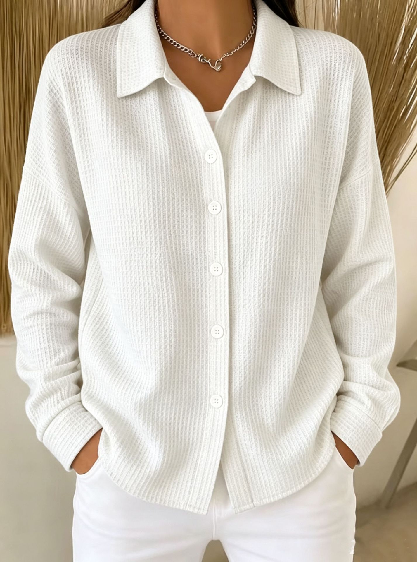 💙 Women’s Waffle Knit Shirt Collared Button-Down Long Sleeve Loose Top
