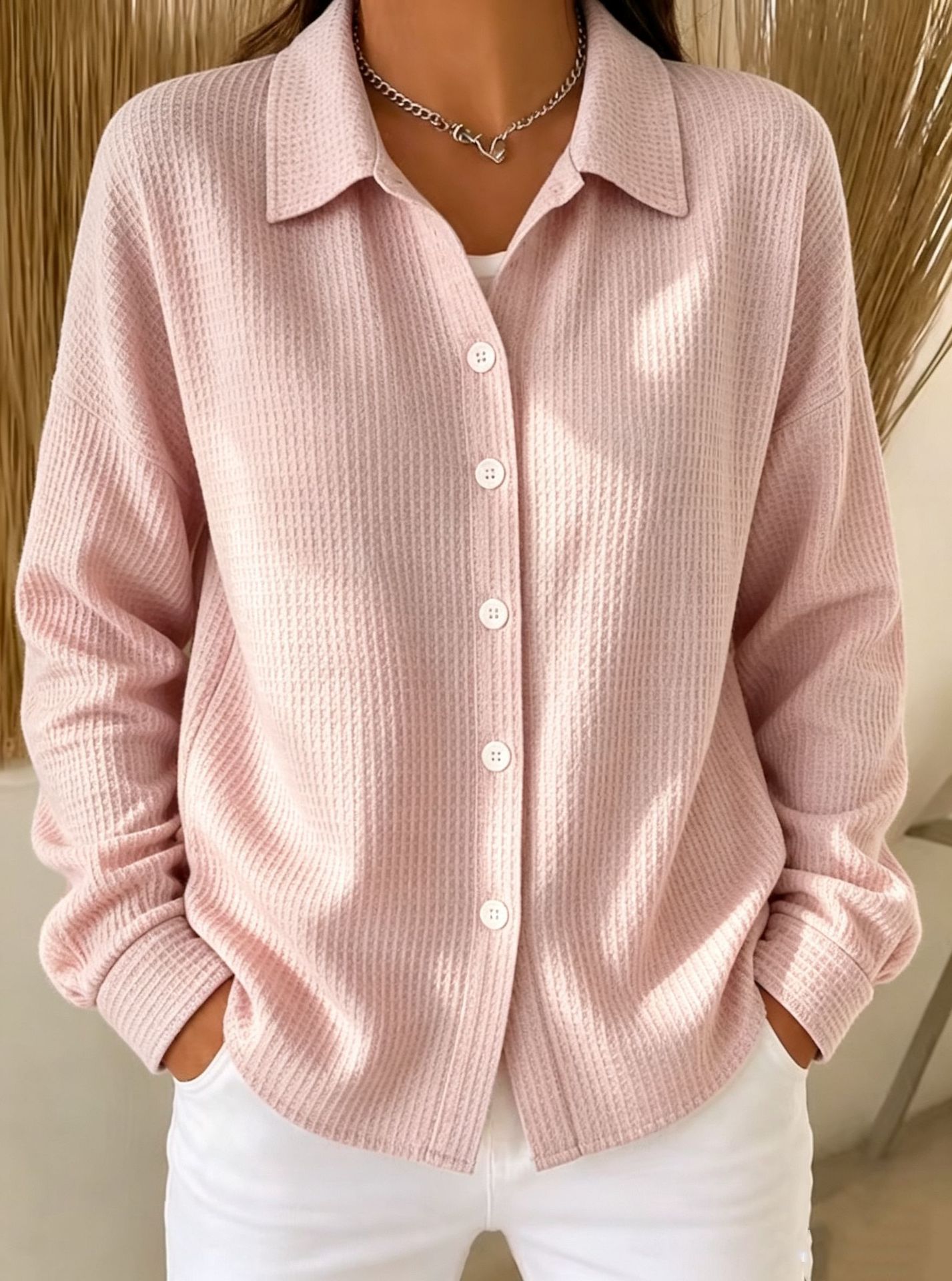 💙 Women’s Waffle Knit Shirt Collared Button-Down Long Sleeve Loose Top