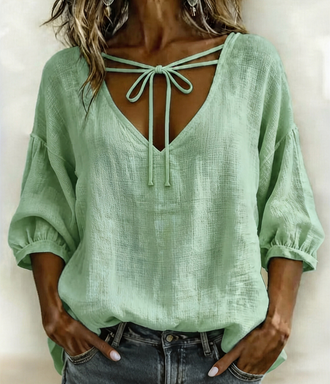 Women Casual V-Neck Tie Front Blouse