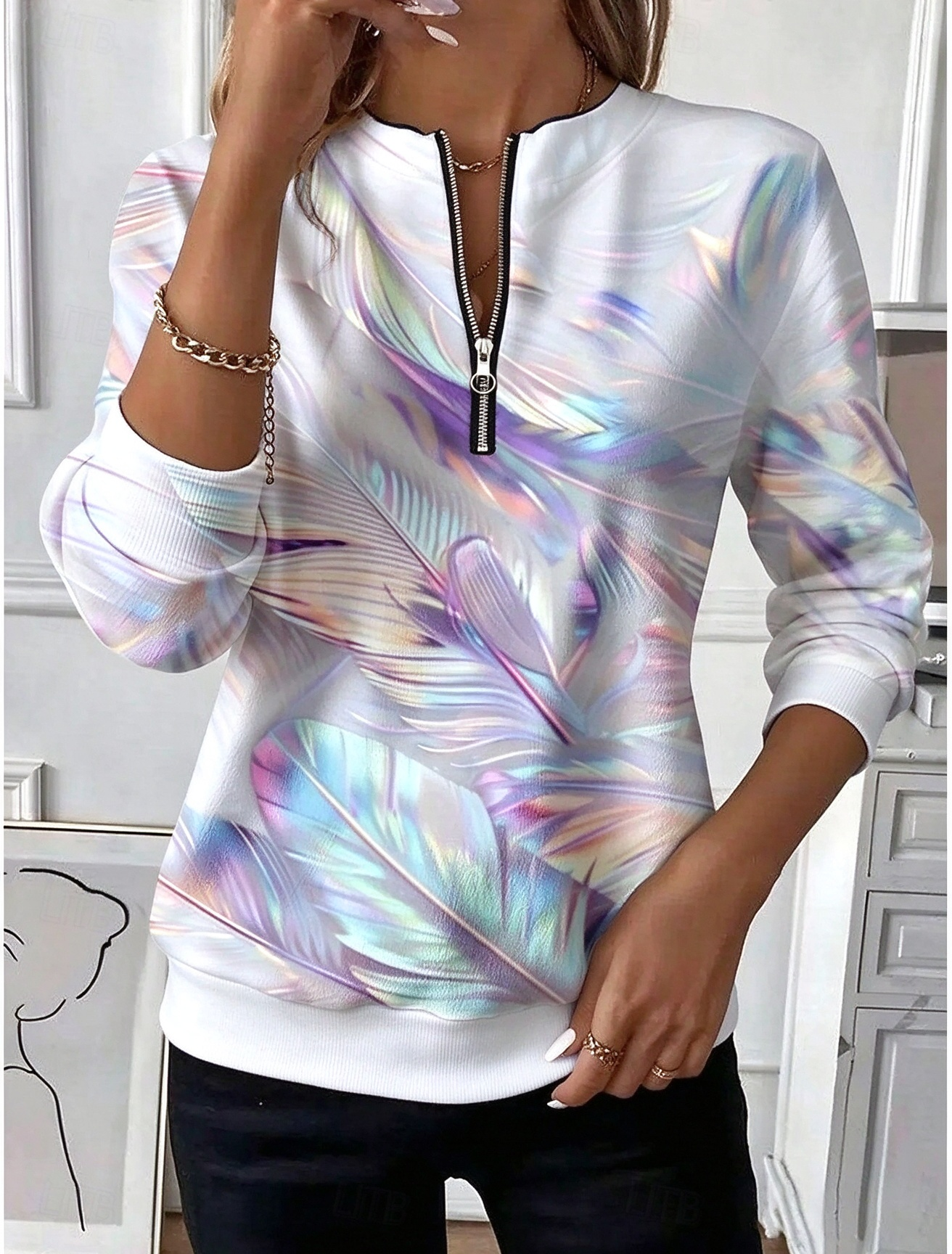 ✨ Women’s Casual Feather Print Top Half-Zip Long Sleeve Soft Blouse
