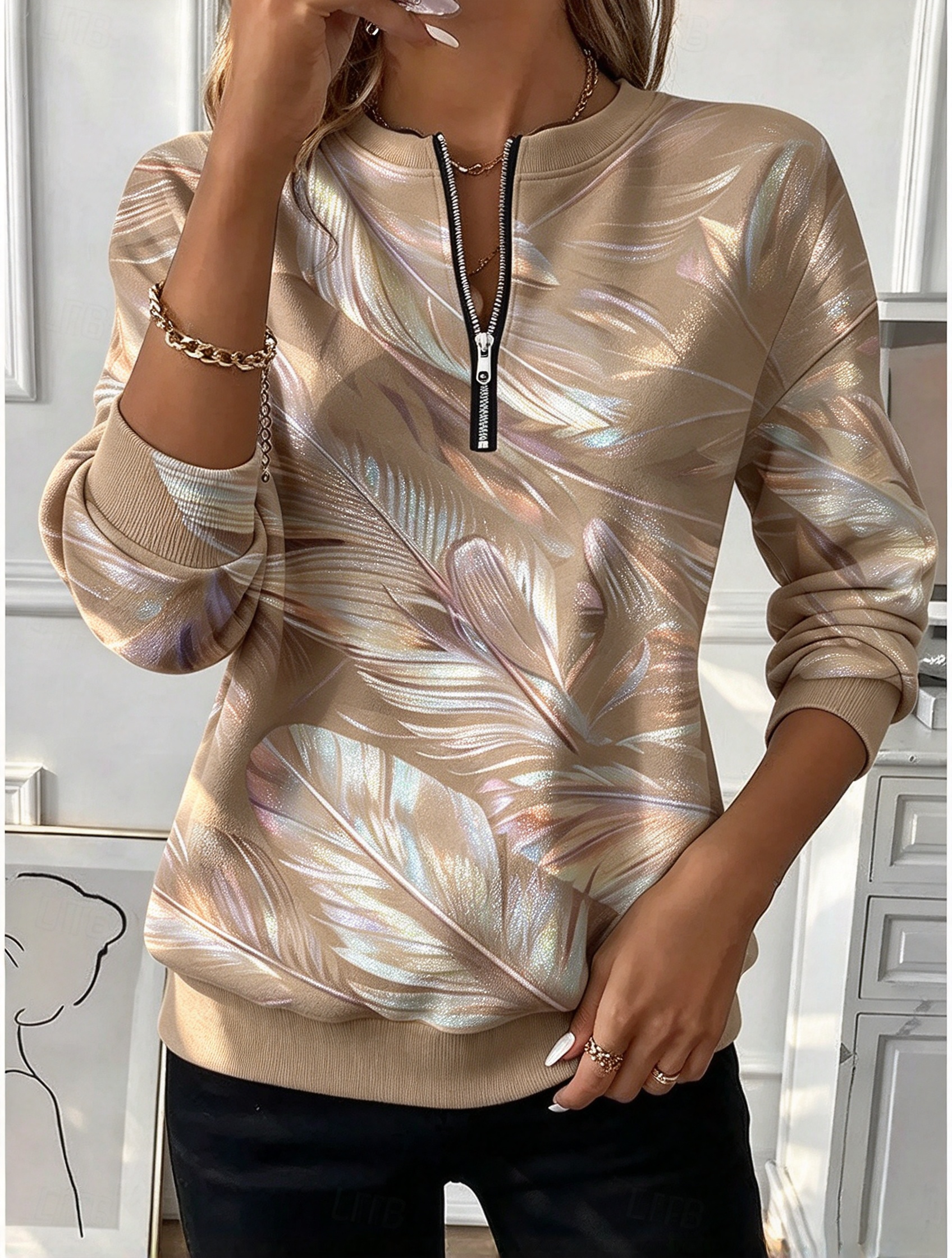 ✨ Women’s Casual Feather Print Top Half-Zip Long Sleeve Soft Blouse