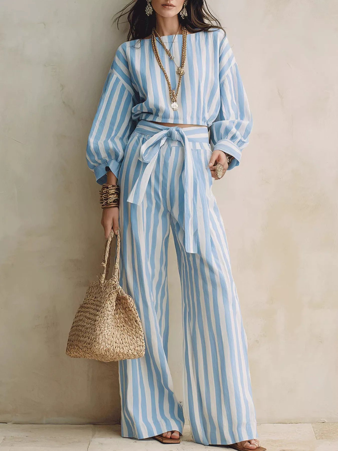 Striped Long Sleeve Top and Pants Two-Piece Set