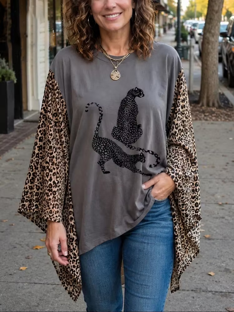 Charcoal Leopard Graphic Tunic with Flowy Animal Print Sleeves