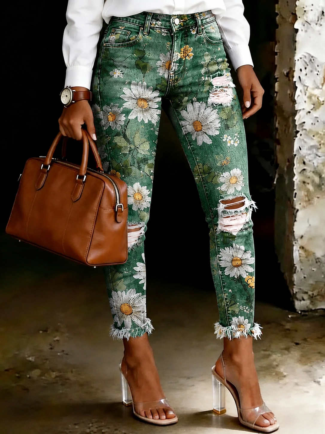 Women's Colorful Gradient Floral Print Ripped Skinny Jeans
