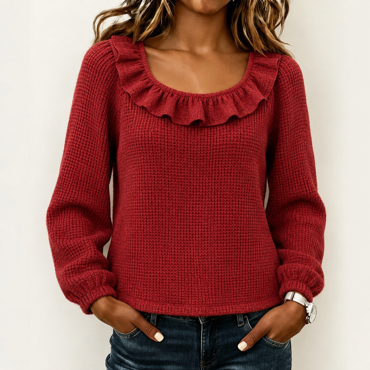 Women Ruffled Neckline Textured Knit Sweater