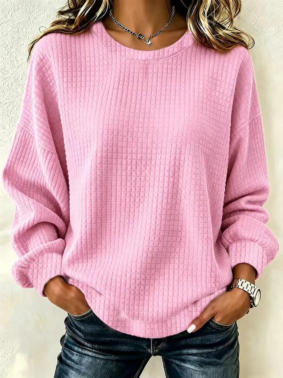 Women Textured Waffle Knit Pullover