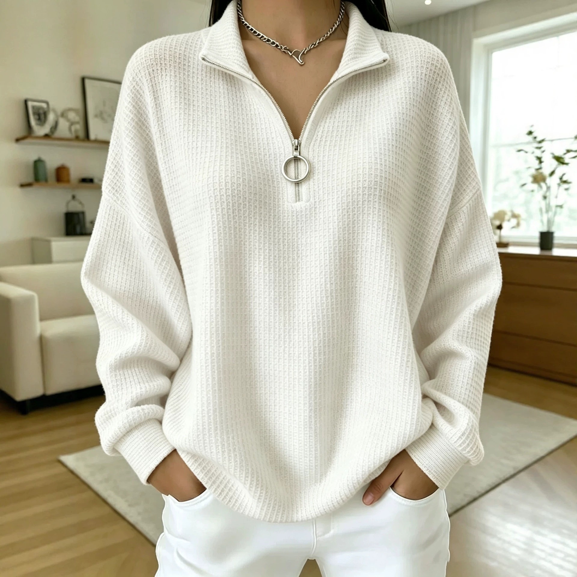 Women Textured Half-Zip Knit Pullover