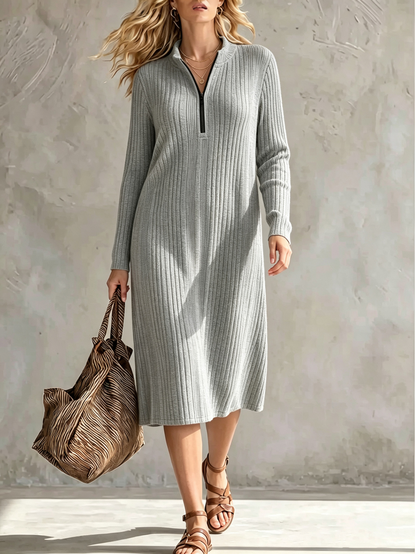 Women Ribbed Knit Quarter-Zip Midi Dress