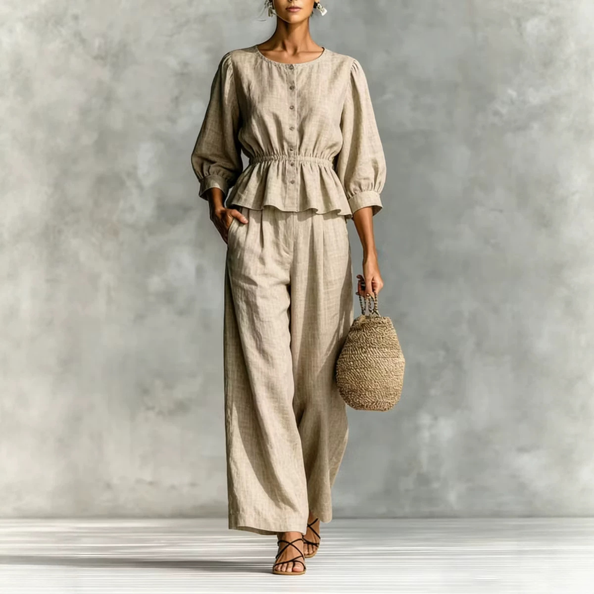 Women Linen Blend Peplum Top & Wide‑Leg Pant Set