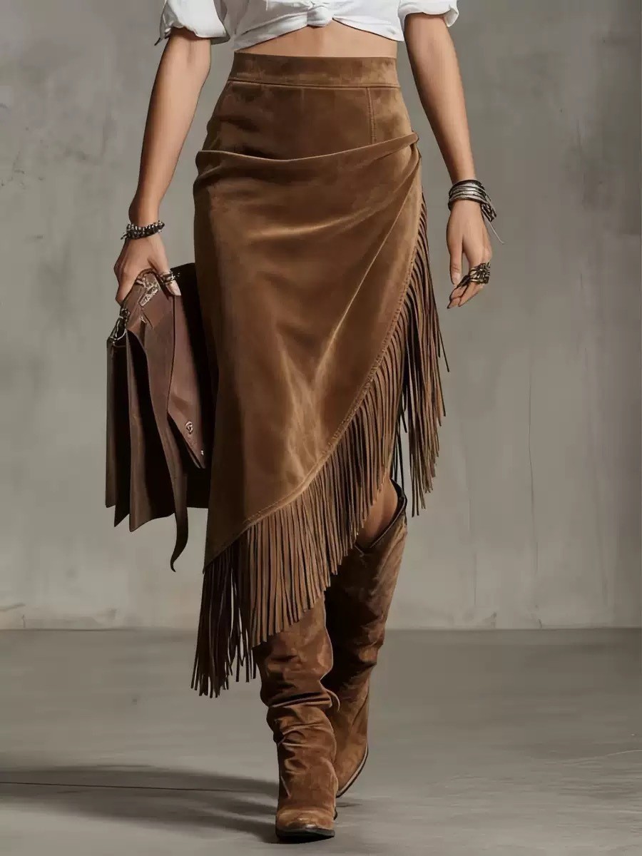 Women Boho Fringe Asymmetrical Midi Skirt