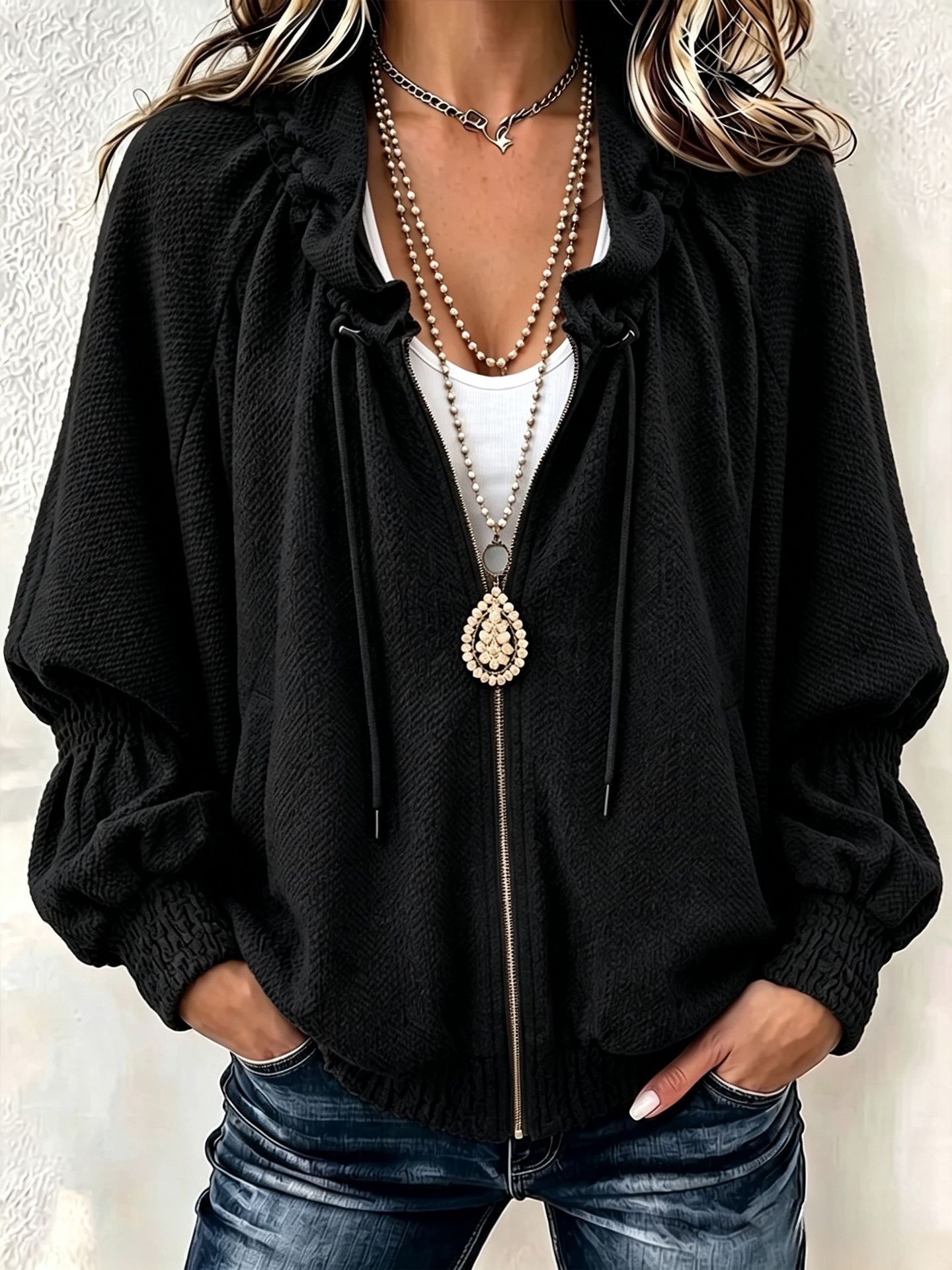 Women Textured Hooded Zip-Up Jacket