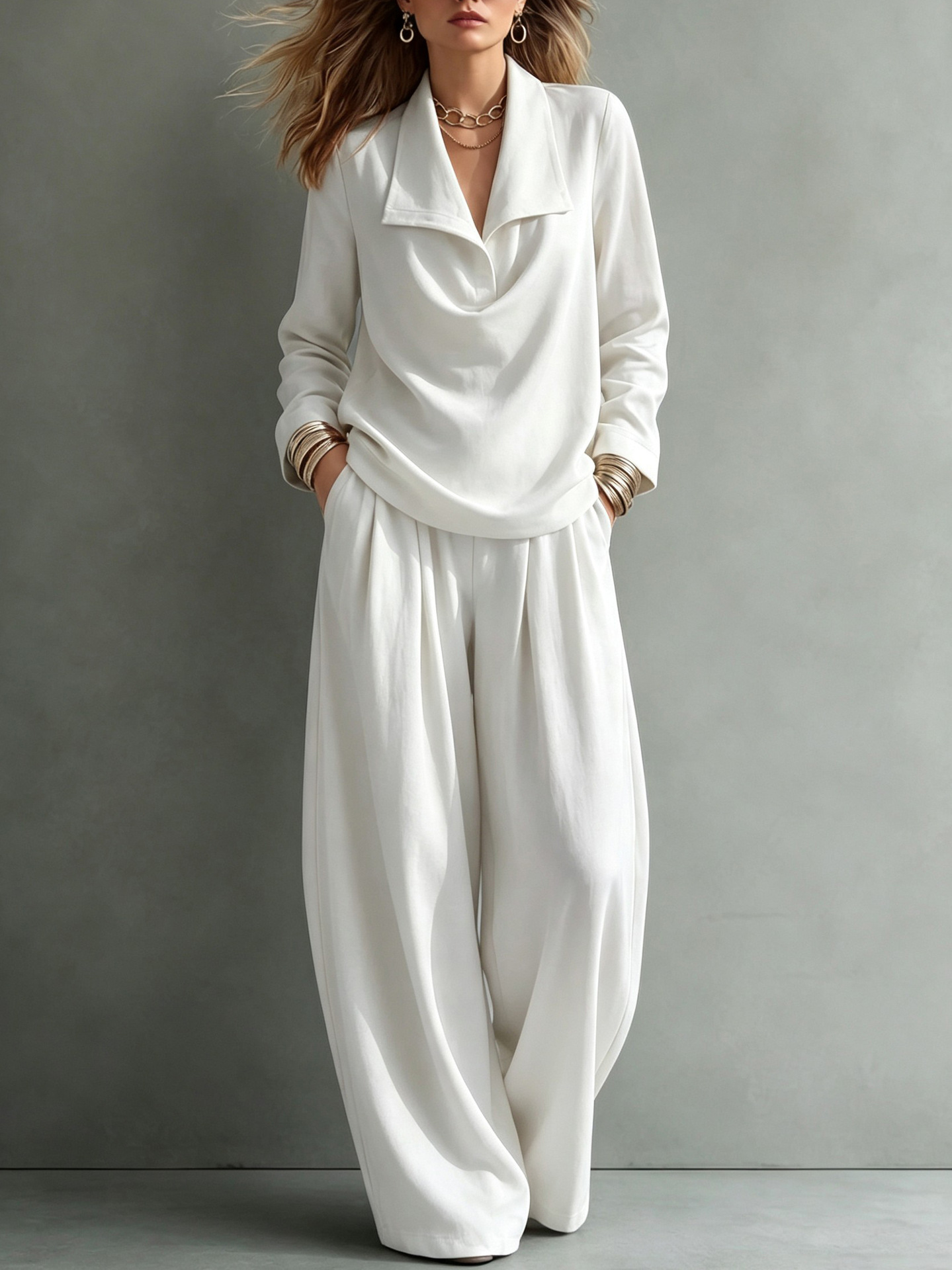 Women Elegant Draped Collar Wide-Leg Two-Piece Set