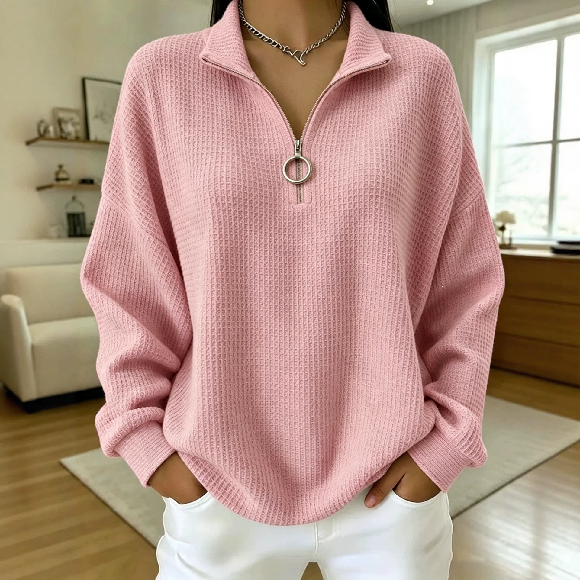 Women Textured Half-Zip Knit Pullover